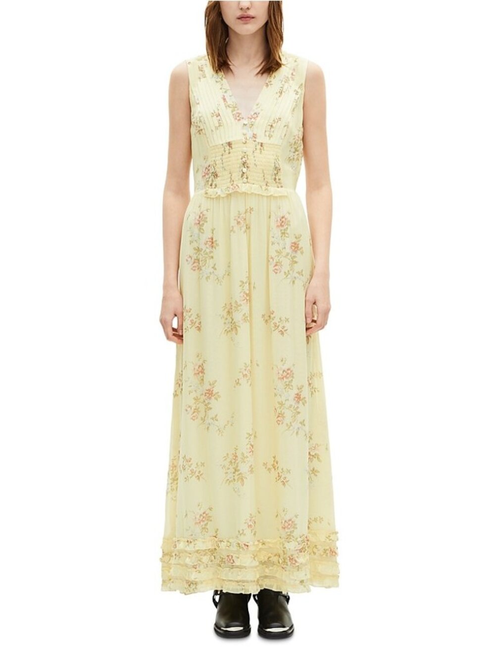 The Kooples V Neck Ruffle Maxi Dress Yellow Size 1 S NWT